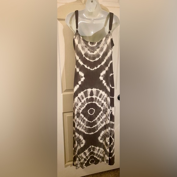 INC International Concepts Asymmetrical Gray Tie-Dye maxi Dress beaded neckline - Picture 3 of 4